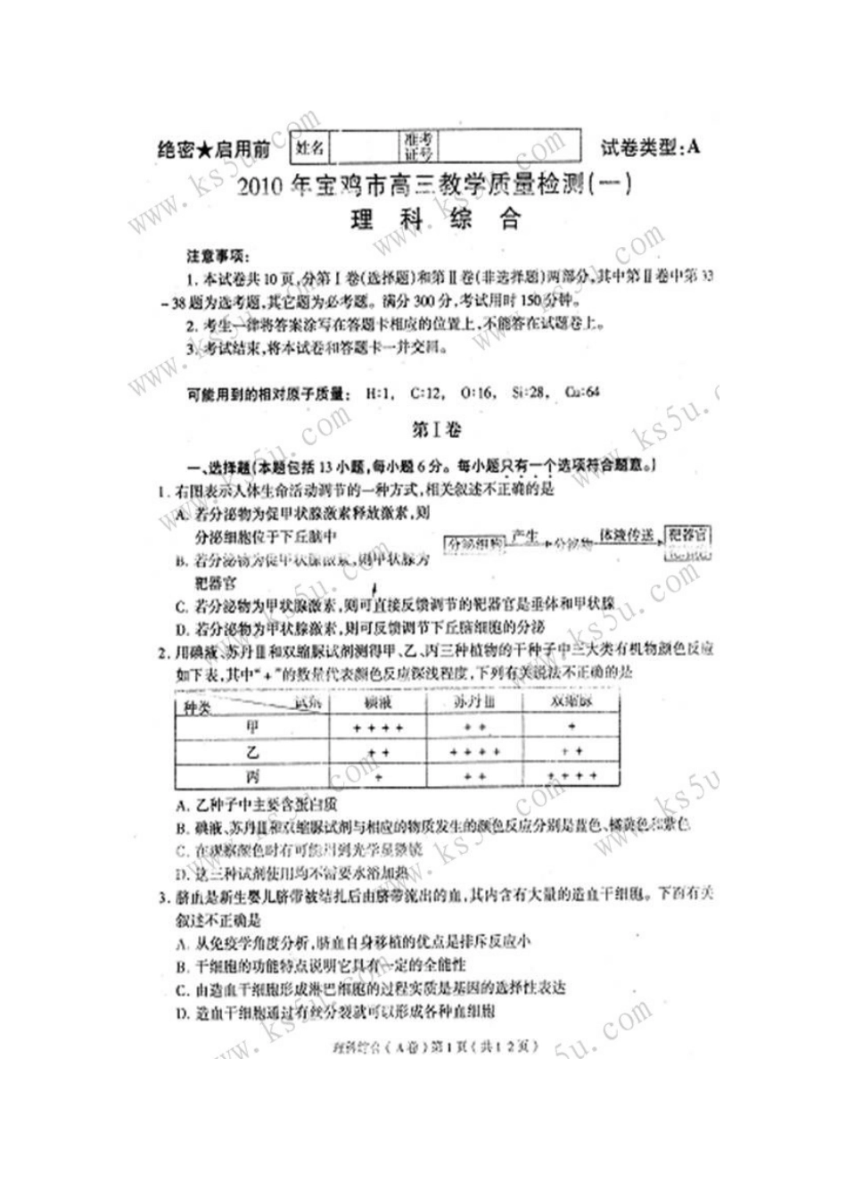 陕西省宝鸡市2010届高三理综上学期第一次质量检测人教版_第1页