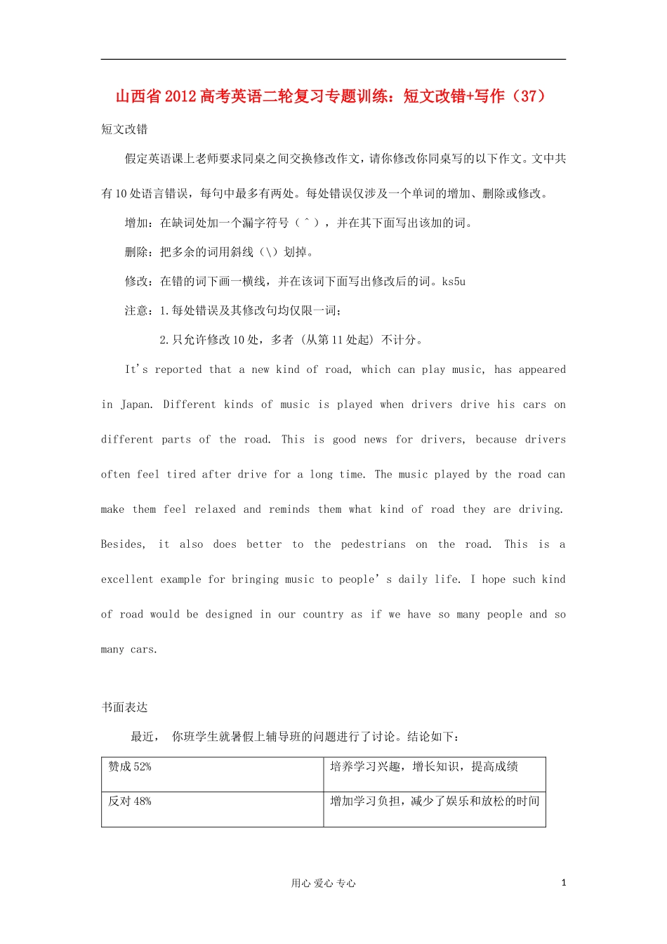 山西省2012高考英语二轮复习专题训练-短文改错+写作(37)_第1页