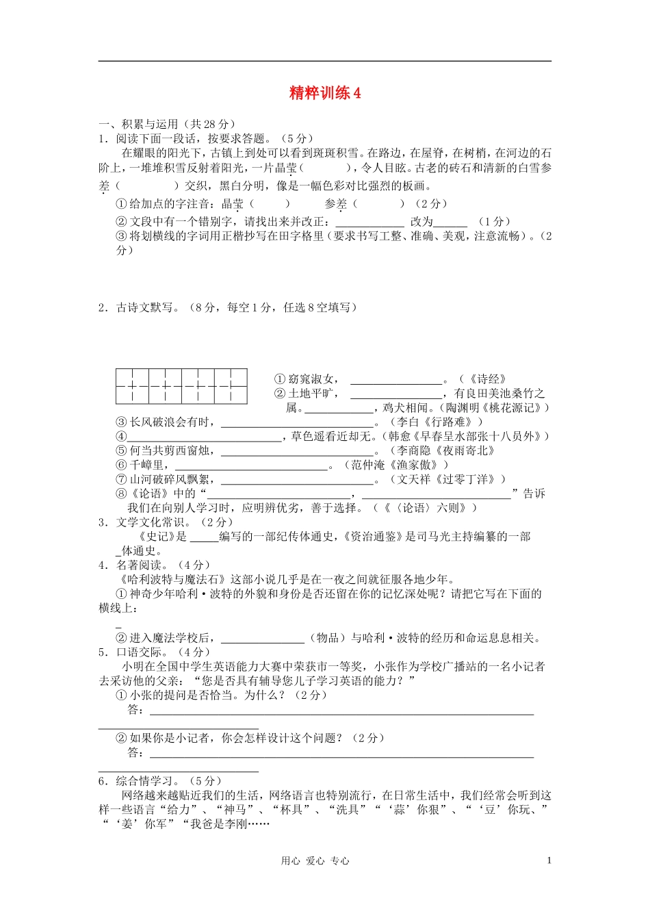 2012中考语文精粹试题训练4(湖南专用)_第1页