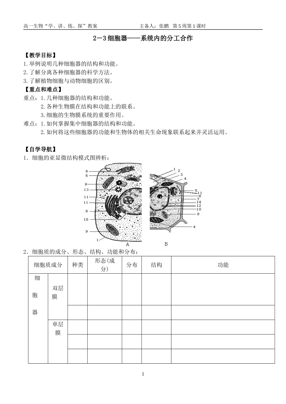 2-3细胞器——系统内的分工合作教案_第1页