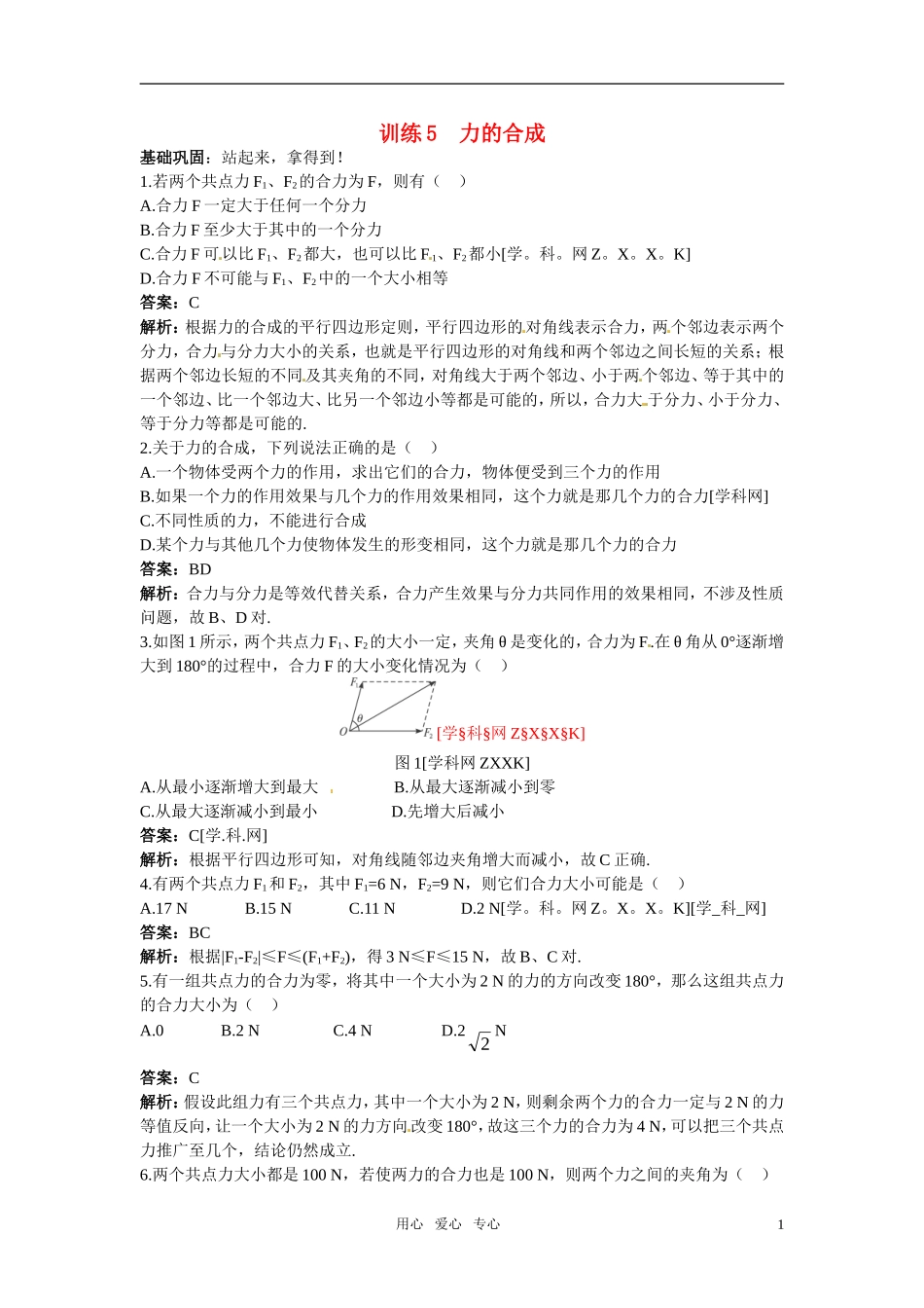 高中物理-第1单元45分钟过关检测(训练5力的合成)(有解析)-大纲版第一册_第1页