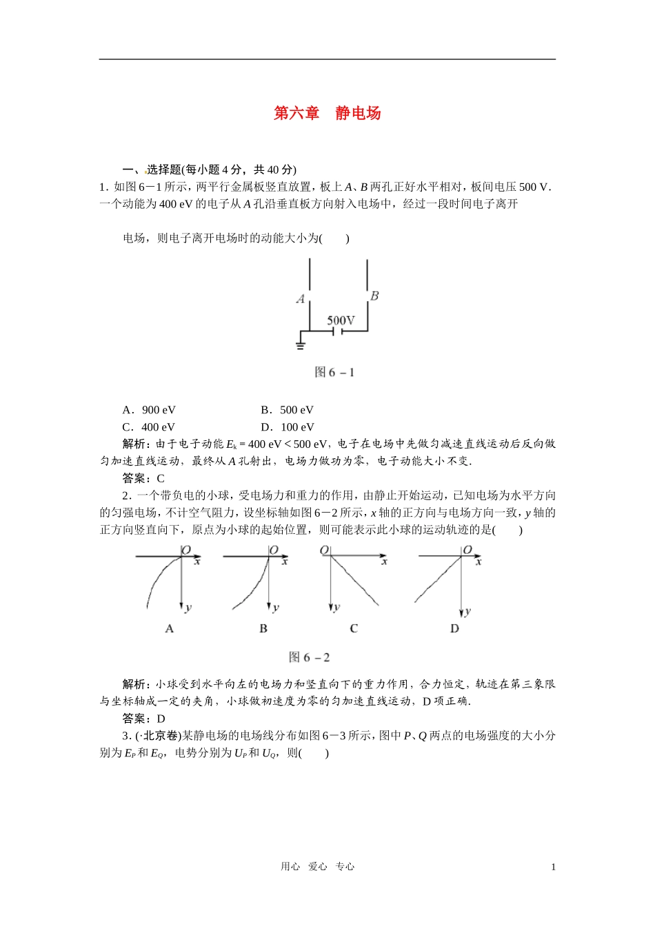 【状元之路】2011高考物理一轮复习-第六章-静电场(有解析)--新人教版_第1页