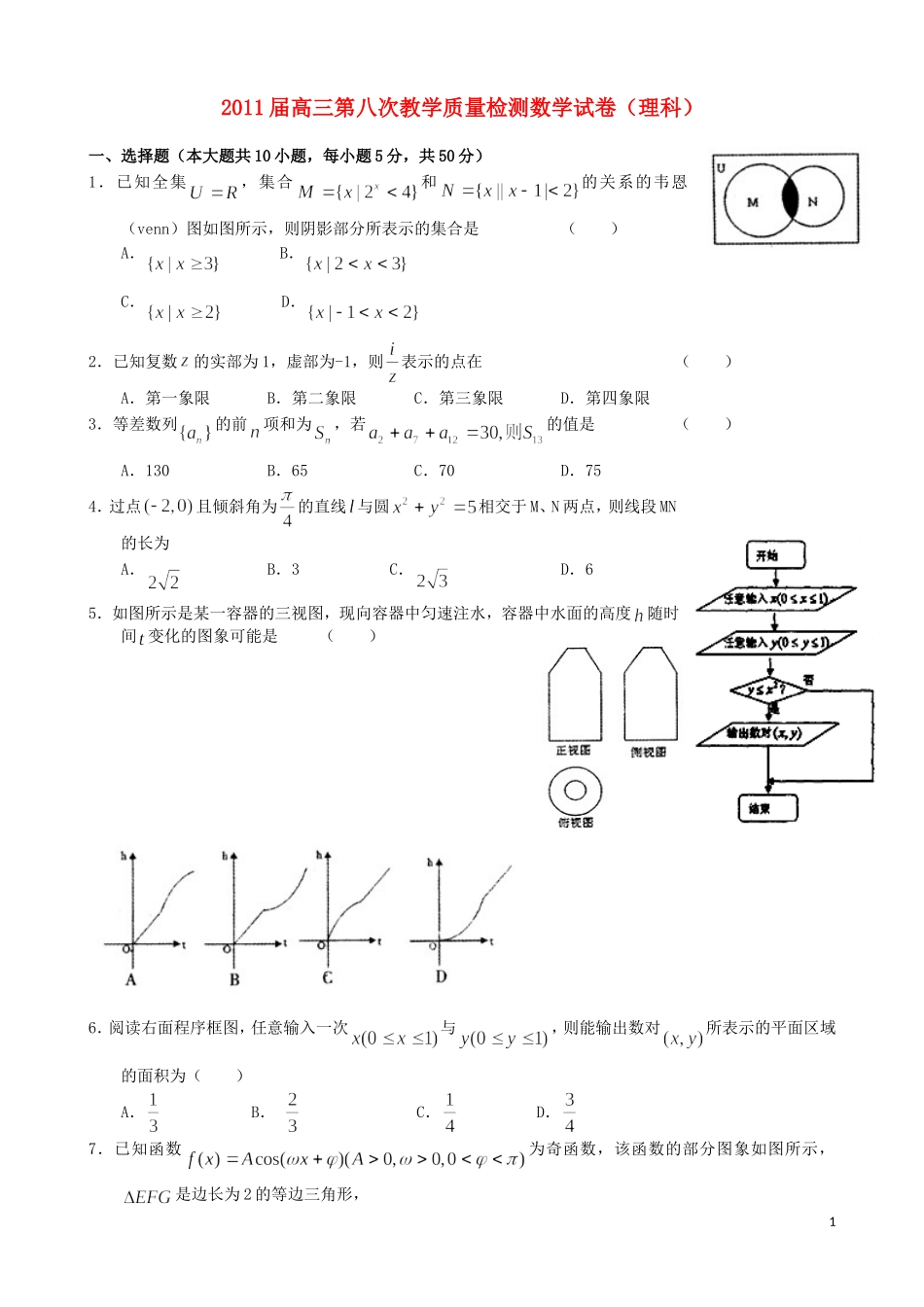 安徽省淮南九中2011届高三数学第八次月考-理(无答案)_第1页