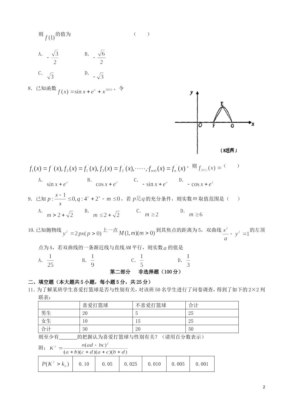 安徽省淮南九中2011届高三数学第八次月考-理(无答案)_第2页