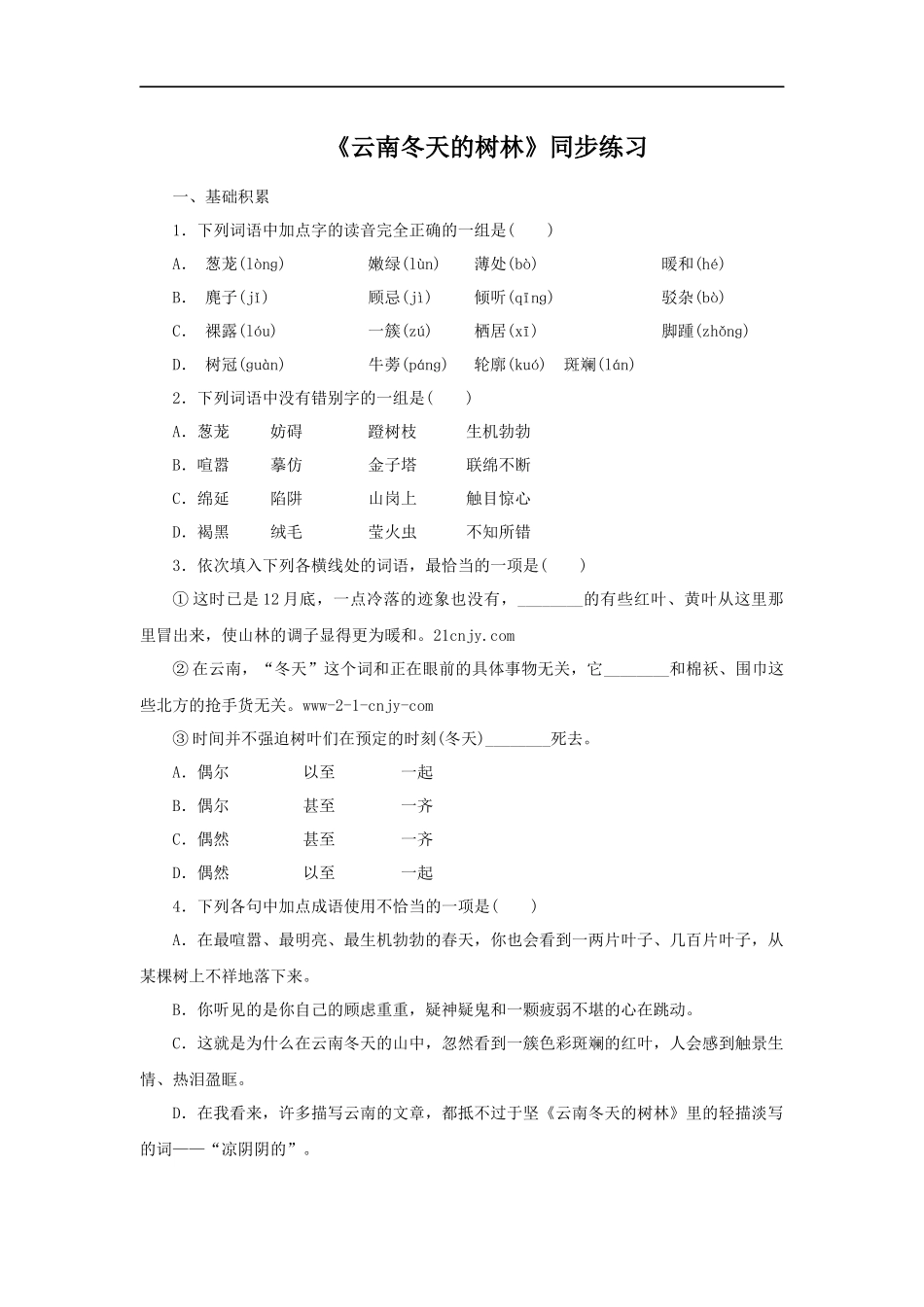 《云南冬天的树林》同步练习2_第1页