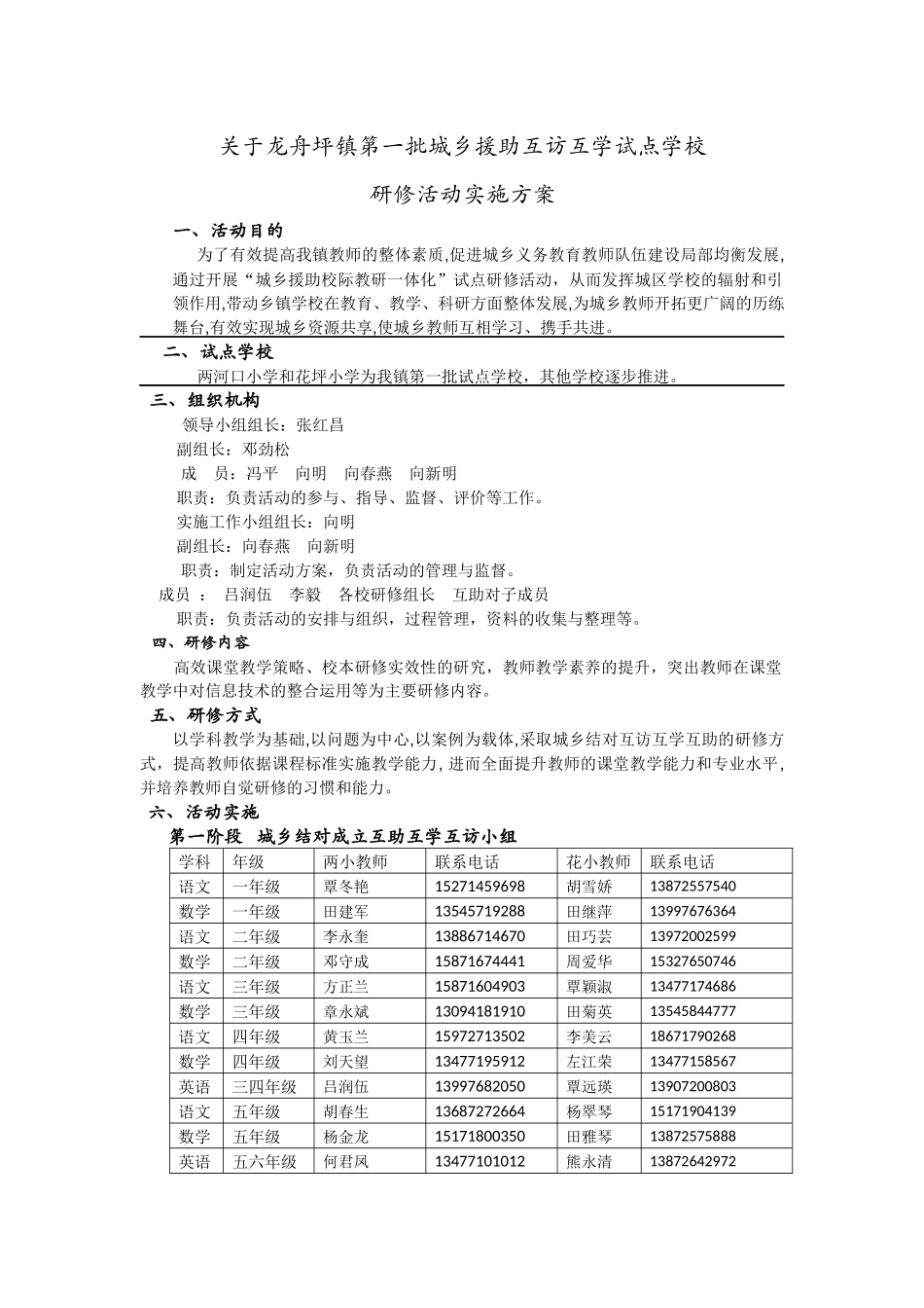 关于龙舟坪镇第一批城乡援助试点学校研修活动方案_第1页