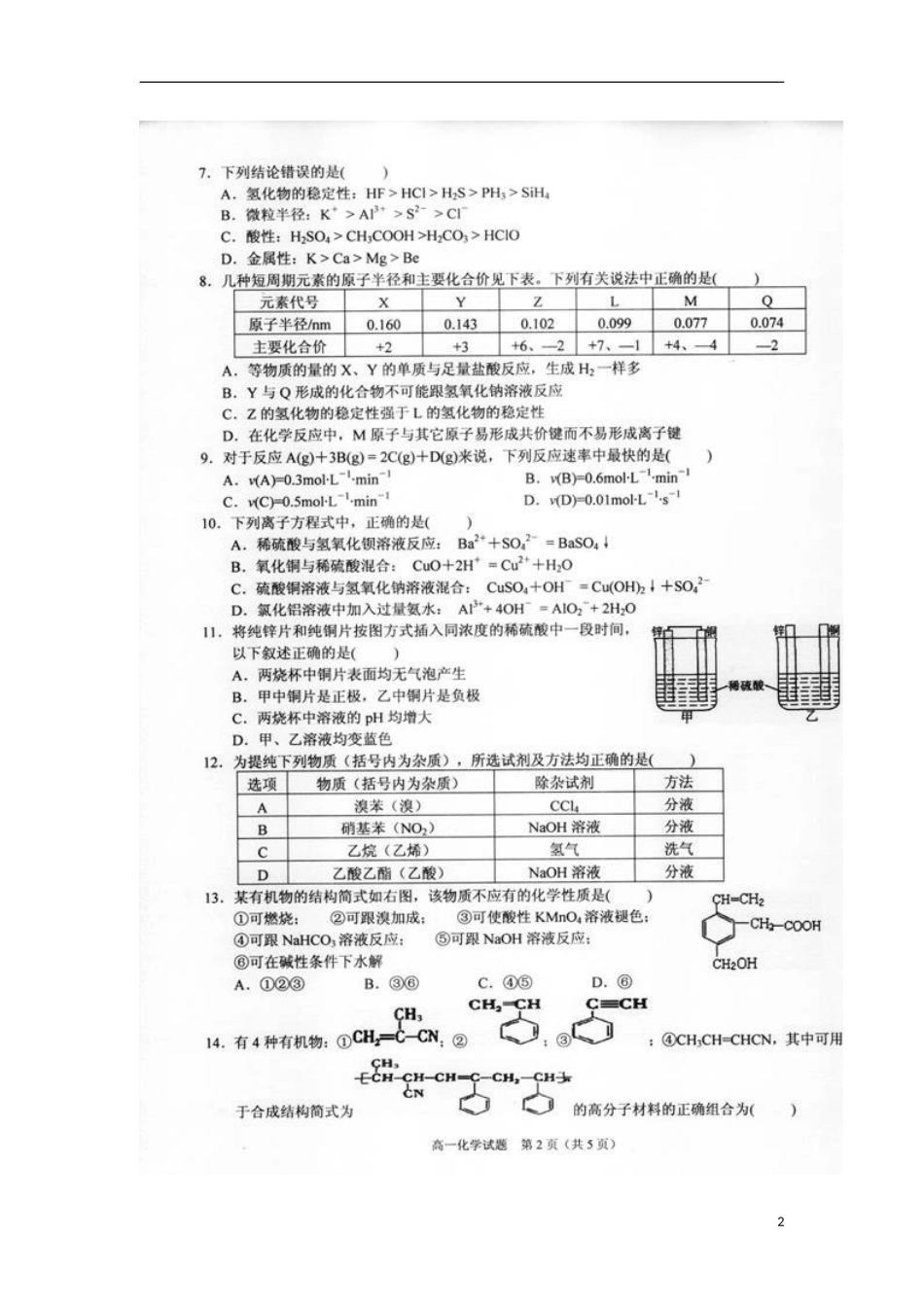 安徽省合肥八中2012-2013学年高一化学下学期期末考试试题(扫描版)新人教版_第2页