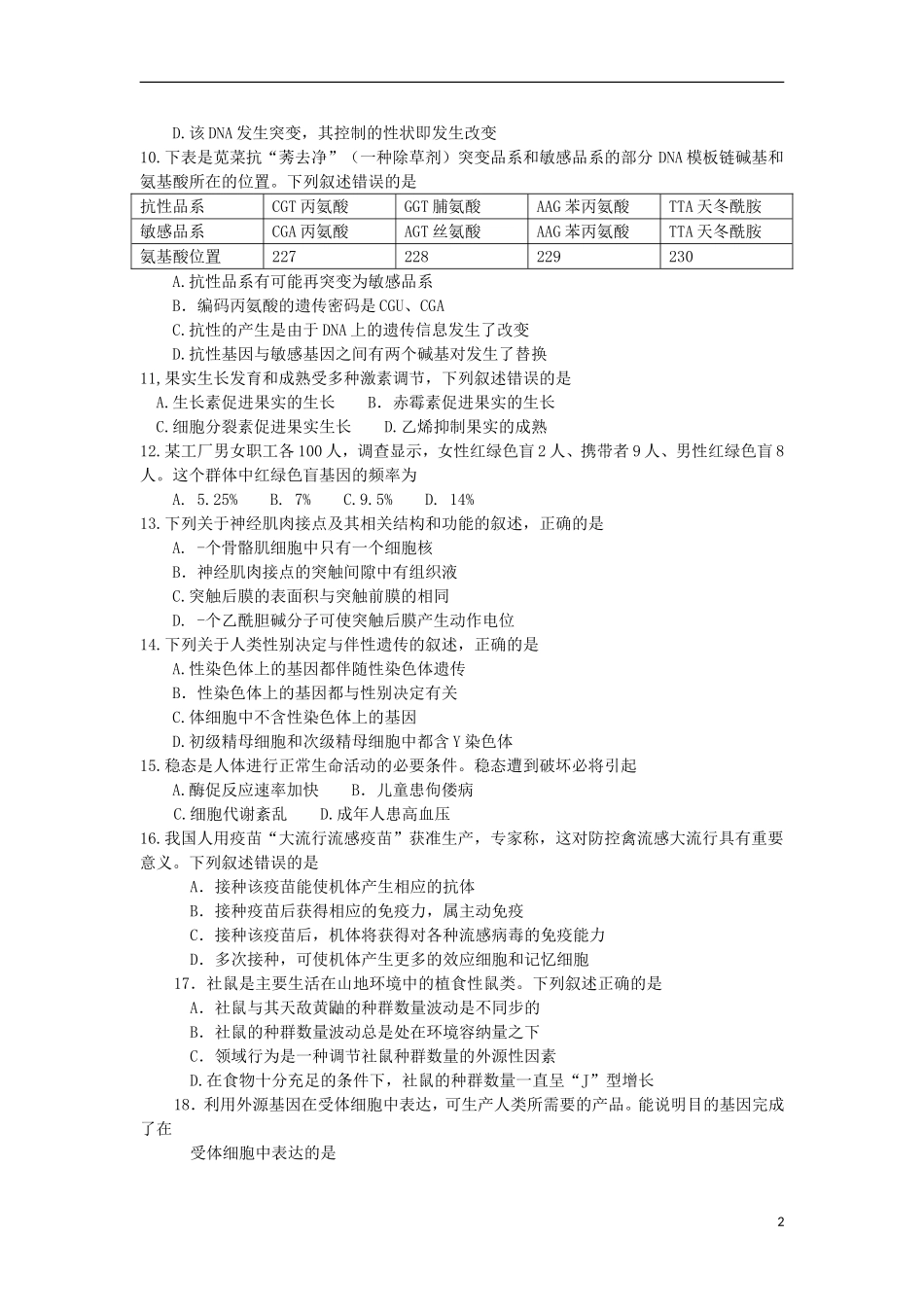 浙江省嘉兴市2013届高三生物上学期基础测试试题新人教版_第2页