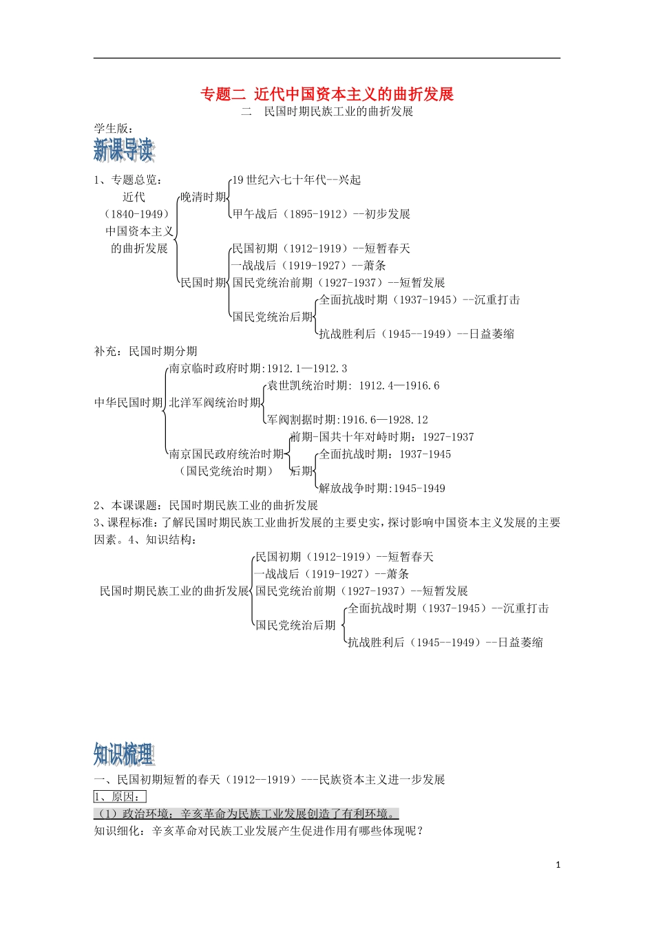 云南省曲靖市麒麟中学2013年高中历史-2-2《民国时期民族工业的曲折发展》学案-人民版必修2_第1页
