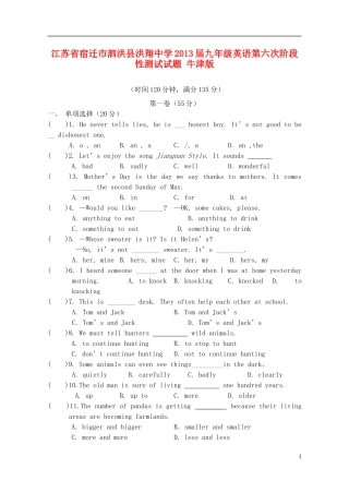 江苏省宿迁市泗洪县洪翔中学2013届九年级英语第六次阶段性测试试题-牛津版