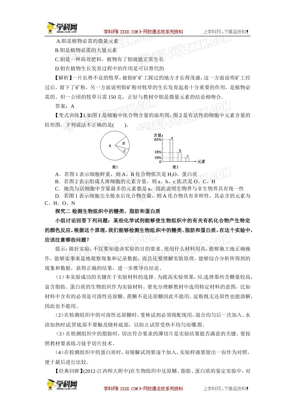 人教版必修一2.1细胞中的元素和化合物导学案_第3页