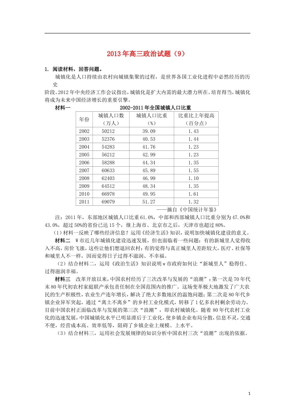 2013年高三政治精选试题(9)新人教版_第1页