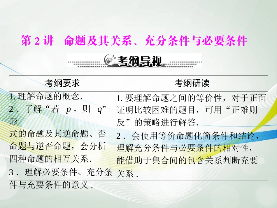 【南方新课堂】2014年高考数学一轮总复习-(基础轻过关+考点巧突破)第一章-第2讲-命题及其关系、充分条件_第1页