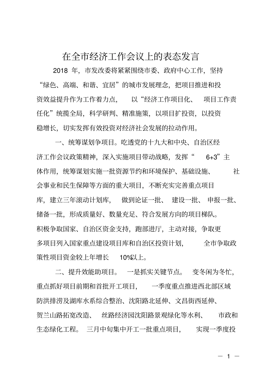 在全经济工作会议上的表态发言_第1页