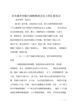 在实施乡村振兴战略推进会议上的汇报发言