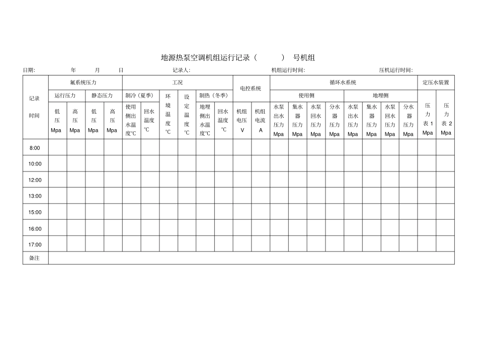 地源热泵空调机组运行记录_第1页