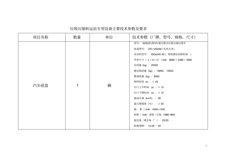 垃圾压缩转运站专用设备主要技术参数及要求_第1页