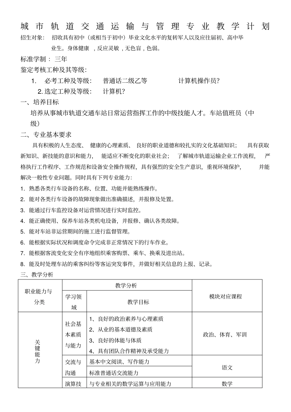 城轨道交通运输与管理专业教学计划_第1页