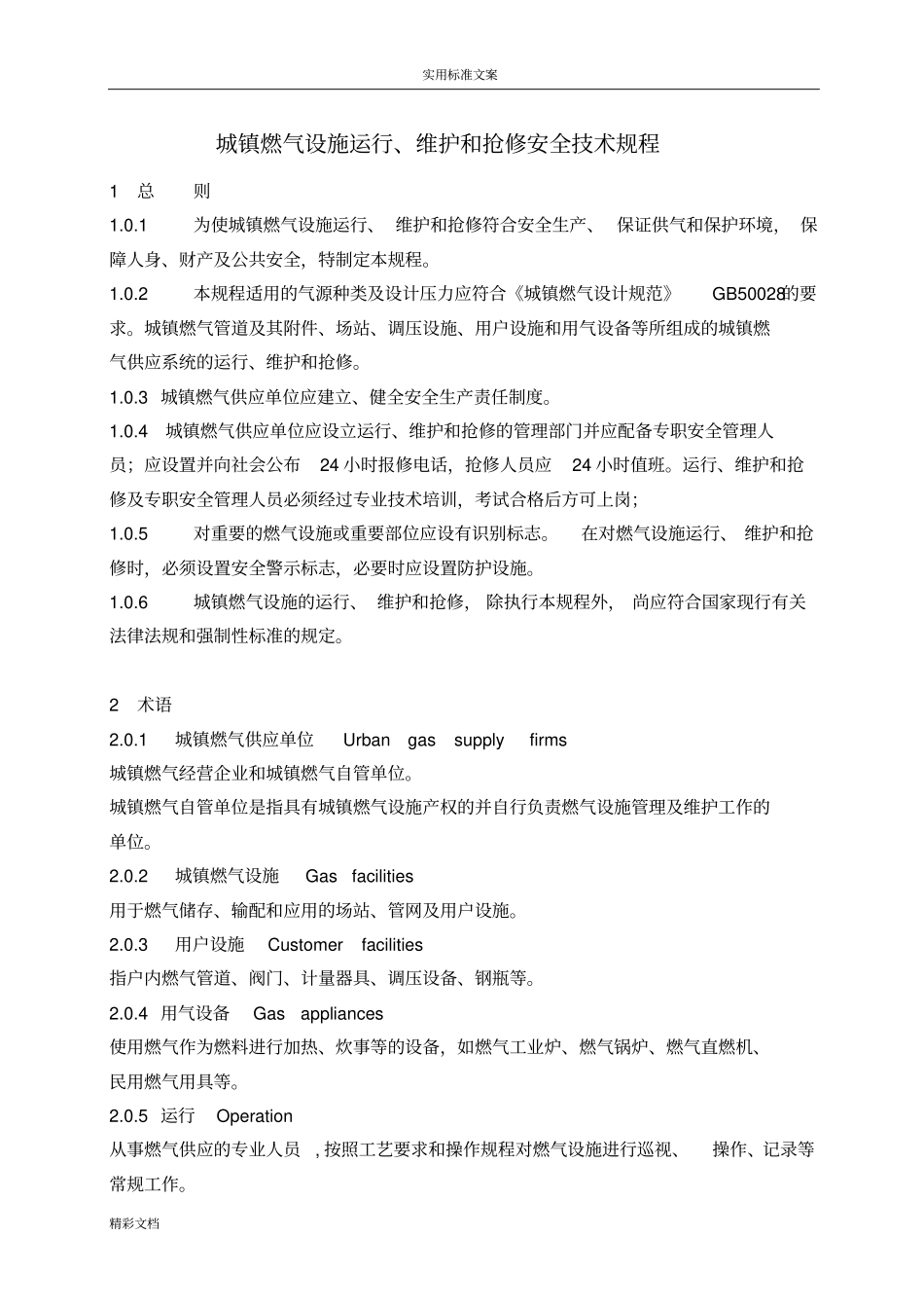 城镇燃气设施运行、维护和抢修安全系统技术规程_第1页
