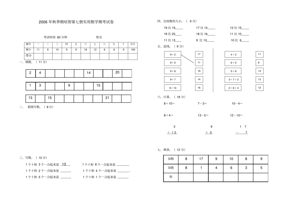 培智学校第七册实用数学期考试卷_第1页