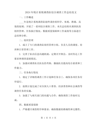 2024年统计系统调查队综合调查工作总结范文 