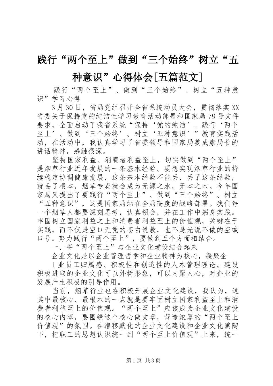 践行“两个至上”做到“三个始终”树立“五种意识”体会心得[五篇范文]_第1页