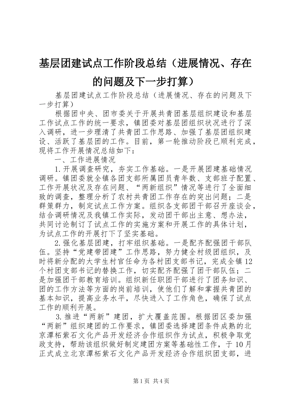 基层团建试点工作阶段总结（进展情况、存在的问题及下一步打算） _第1页