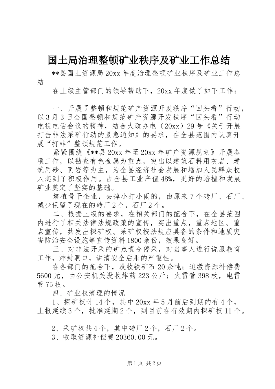 国土局治理整顿矿业秩序及矿业工作总结 _第1页