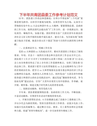下半年共青团县委工作参考计划范文 
