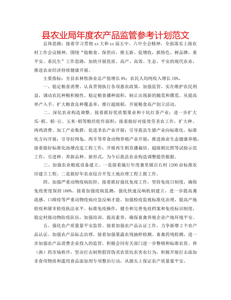 县农业局年度农产品监管参考计划范文 _第1页