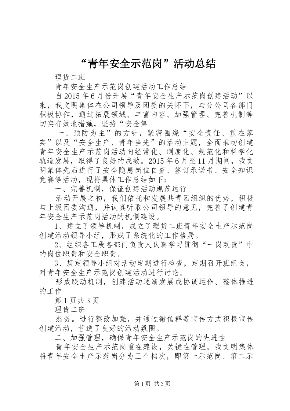 “青年安全示范岗”活动总结 _第1页
