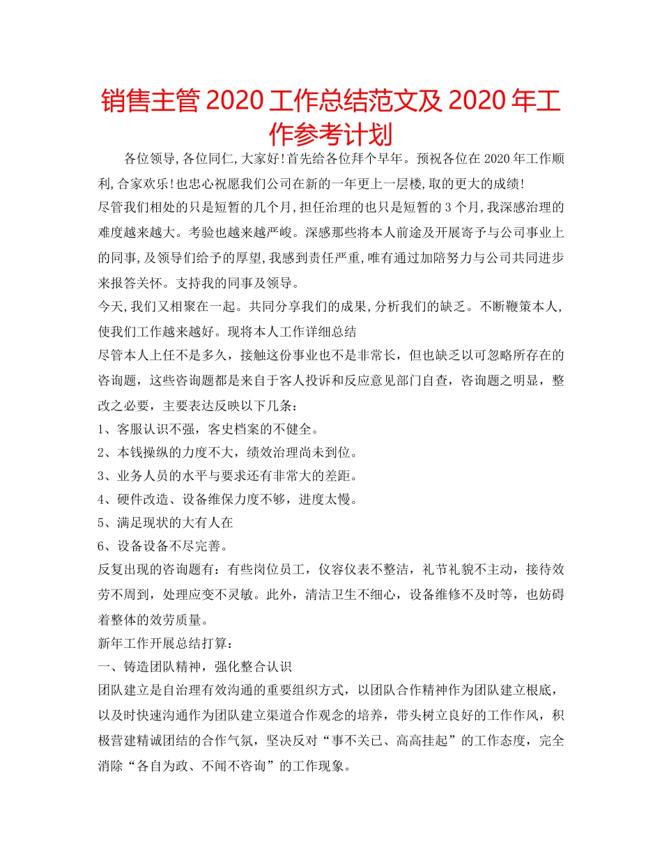 销售主管2020工作总结范文及2020年工作参考计划 _第1页