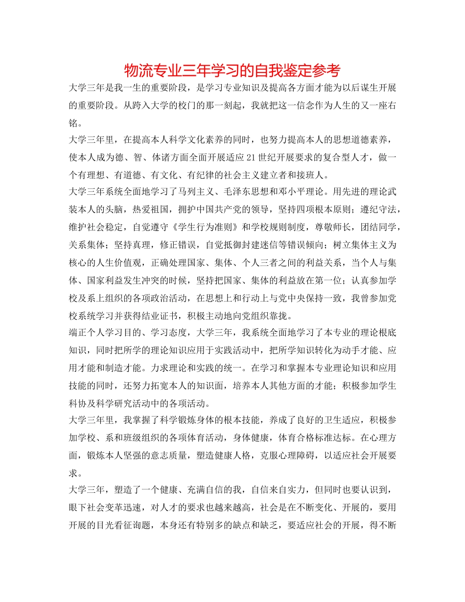 物流专业三年学习的自我鉴定参考 _第1页