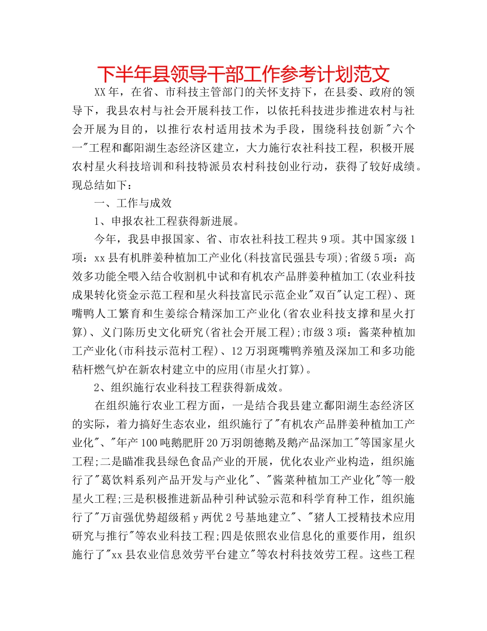 下半年县领导干部工作参考计划范文 _第1页