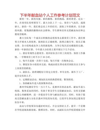 下半年献血站个人工作参考计划范文 