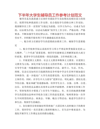 下半年大学生辅导员工作参考计划范文 