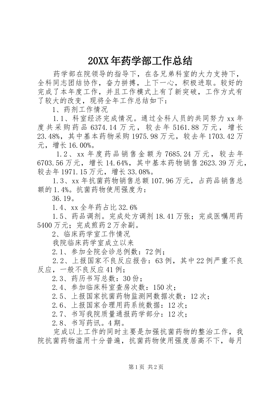 20XX年药学部工作总结_第1页