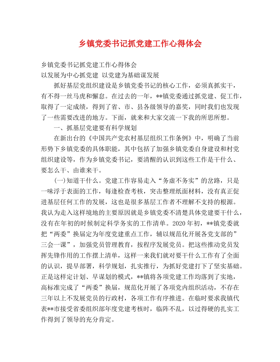 乡镇党委书记抓党建工作心得体会 _第1页