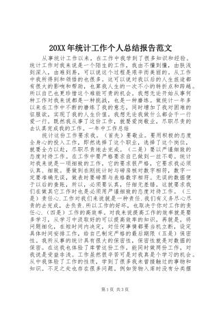 20XX年统计工作个人总结报告范文