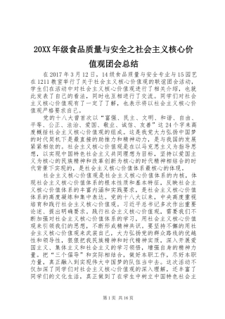 20XX年级食品质量与安全之社会主义核心价值观团会总结