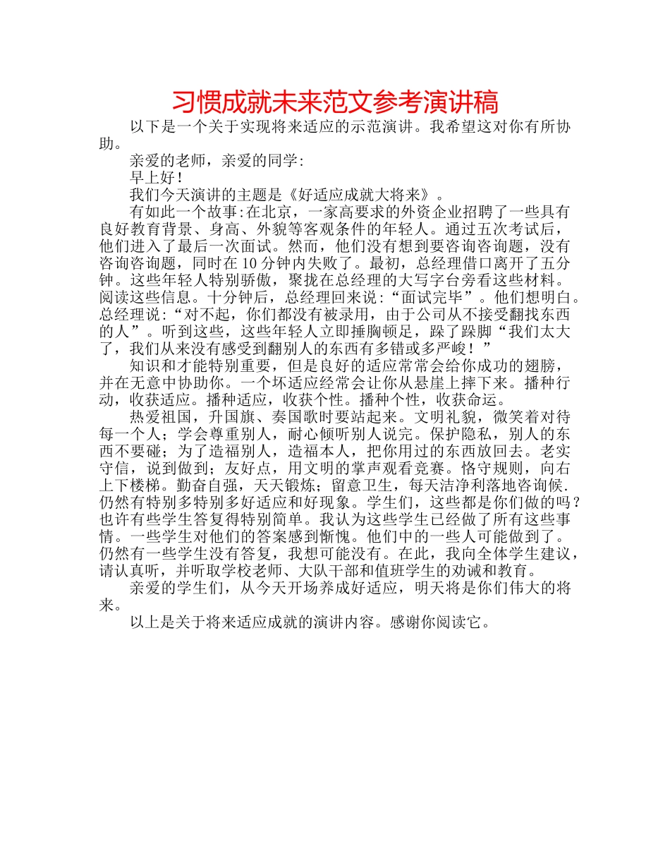 习惯成就未来范文参考演讲稿 _第1页