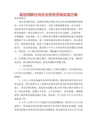 县信用联社综合业务柜员制实施方案 