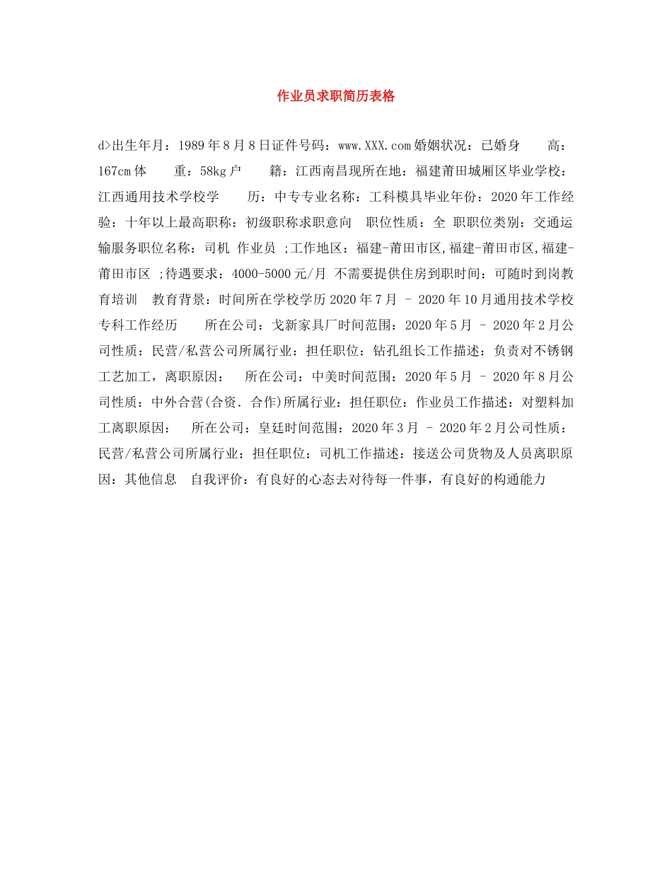 作业员求职简历表格_第1页
