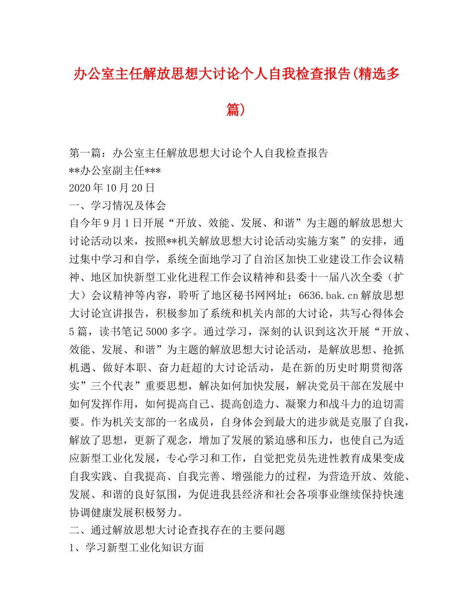办公室主任解放思想大讨论个人自我检查报告(精选多篇) _第1页