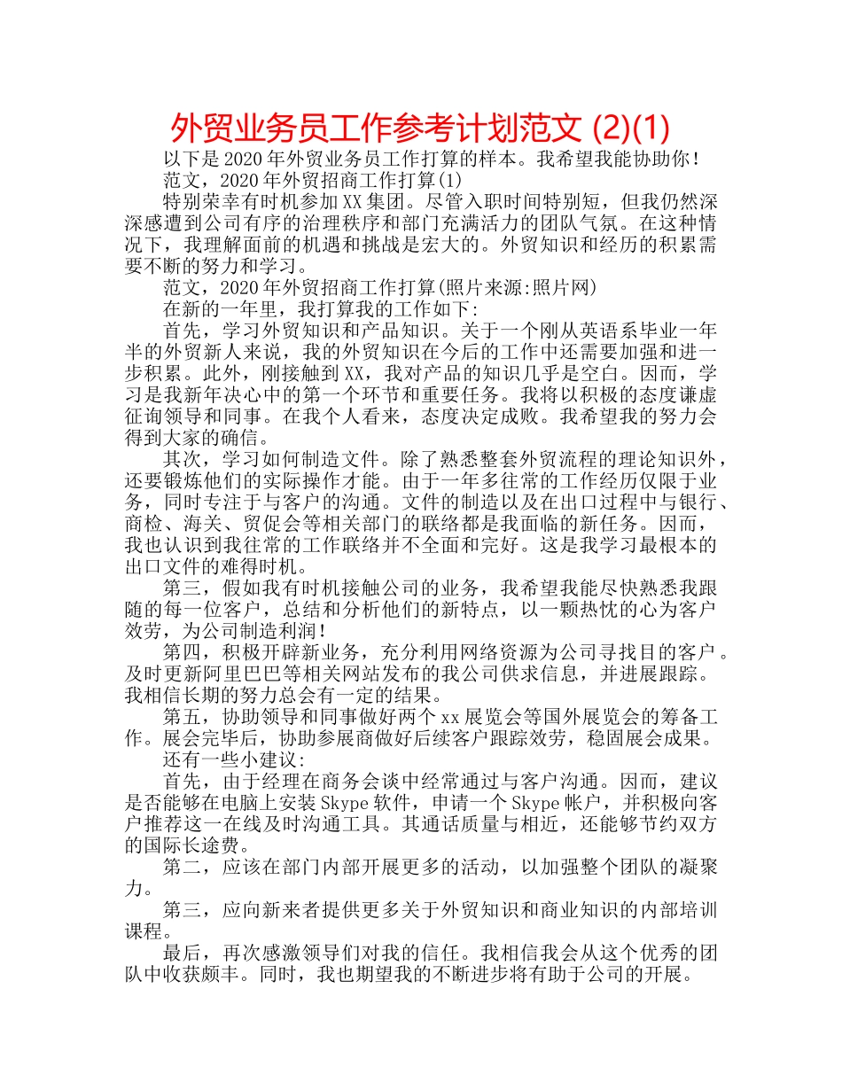 外贸业务员工作参考计划范文 (2)(1) _第1页