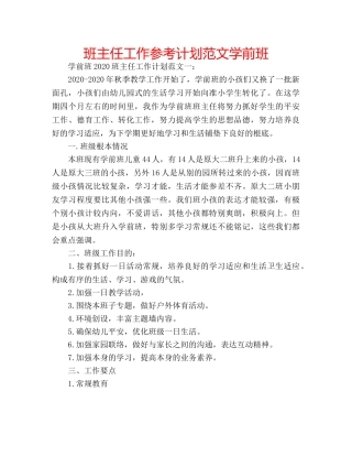 班主任工作参考计划范文学前班 