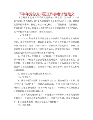下半年党总支书记工作参考计划范文 