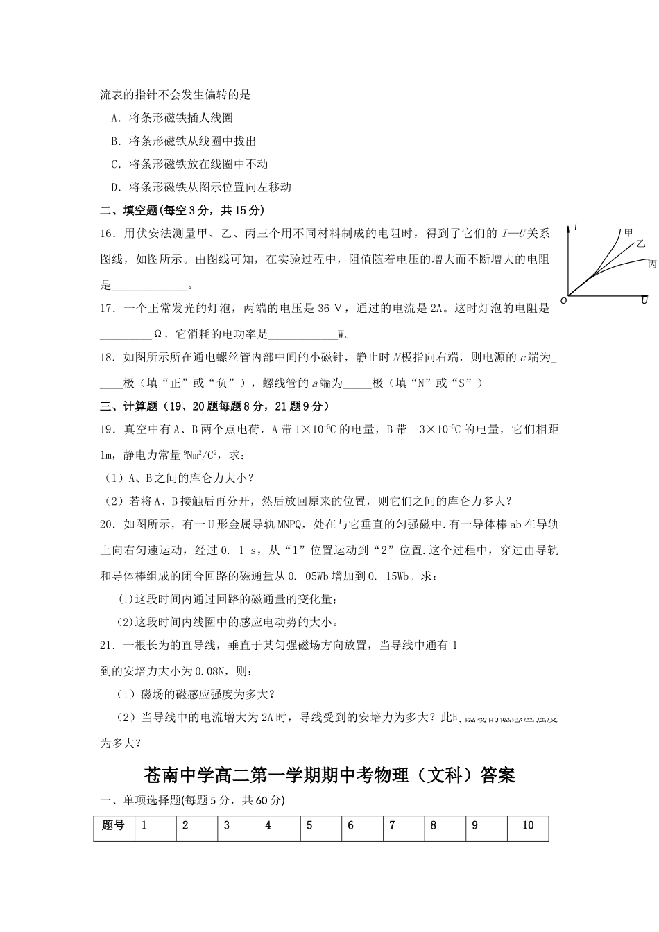 浙江省苍南20102011高二物理上学期期中考试 文 试题新人教版会员独享 _第3页