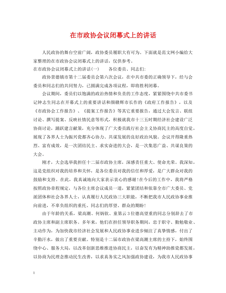 在市政协会议闭幕式上的讲话 _第1页