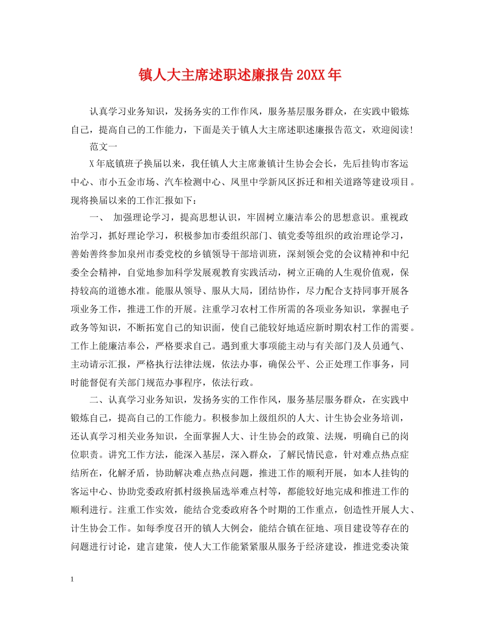 镇人大主席述职述廉报告20XX年 _第1页